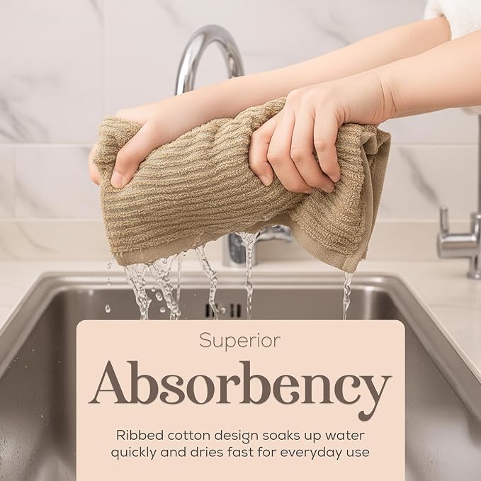 Kitchen Hand Towels Set of 4 Cotton Ribbed Taupe and White Hand Towels - Image 8