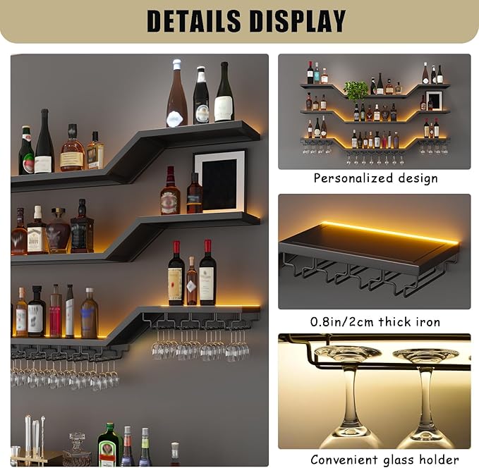 39.4in Modern LED Wine Rack Wall Mounted, 3-Tier Floating Bar Shelves with Wine Glass Rack, Large Hanging Liquor Shelf Wall Mounted, for Home Bar Dining Room Cafe Decorative (Black, 39.4in/100cm)