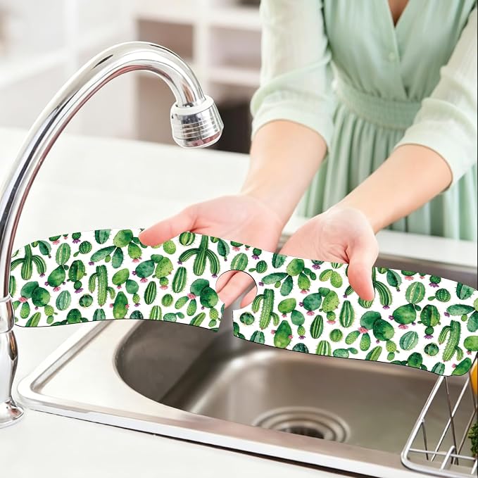 2Pcs Cactus Pattern Kitchen Sink Splash Guard Faucet Mat Tropical Plants - Image 6