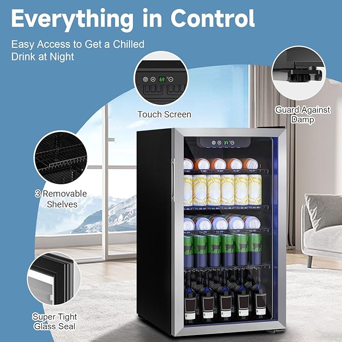 3.1 Cubic Feet Mini Fridge,110 Can Freestanding Beverage Refrigerator with Glass Front Door for Soda, Beer Under Counter Small Refrigerator with Adjustable Shelves and Digital Display(Silver)