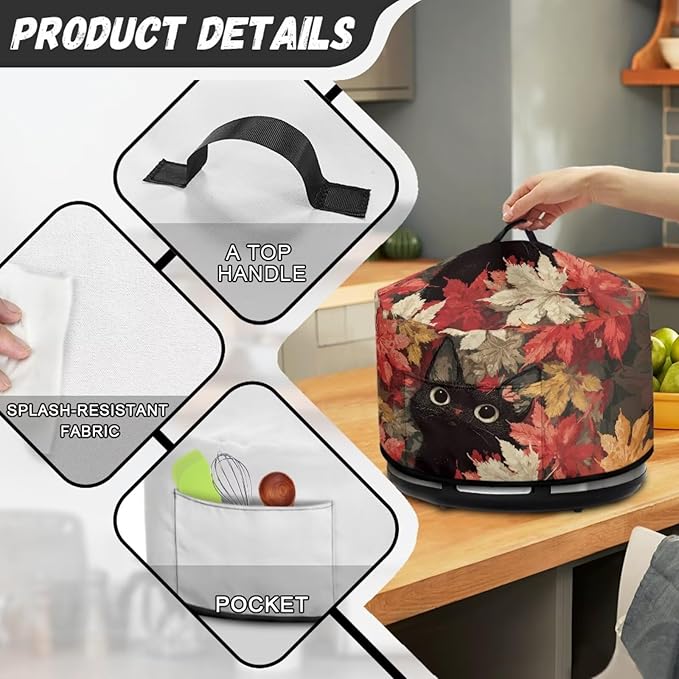 Black Cat Maple Leaf Print Slow Cooker Dust Cover Compatible with 6/7/8 Quart Slow Cooker Dust Proof Electric Slow Cooker Cover with Storage Pocket for Crock Pot Halloween Decor