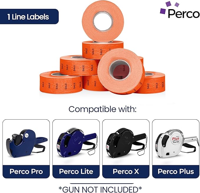 Perco 1 Line Fluorescent Red Sale Labels - 32 Rolls, 4 Sleeves, 32,000 Blank Price and Date Gun Labels for Perco Lite, X, Plus and Pro 1 Line Price and Date Guns - Made in USA