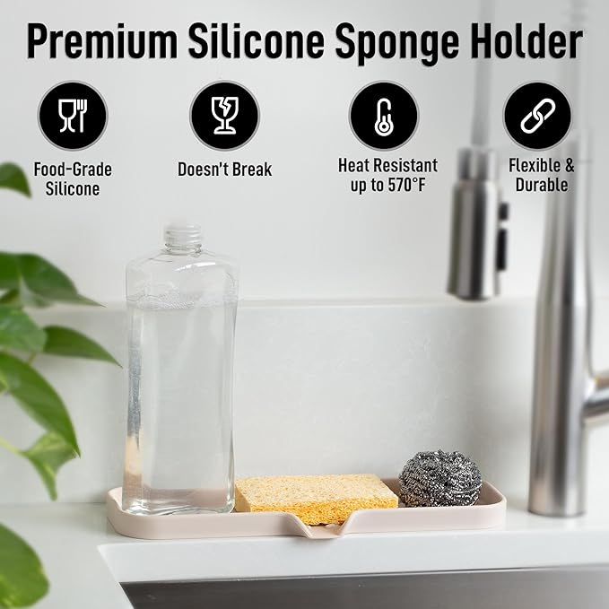 Zulay Kitchen Large Silicone Sponge Holder (12x4) – Flexible Sink Organizer Tray for Kitchen & Bathroom – Multipurpose Soap Dish for Sponges, Makeup, Trinkets & More (Ivory)