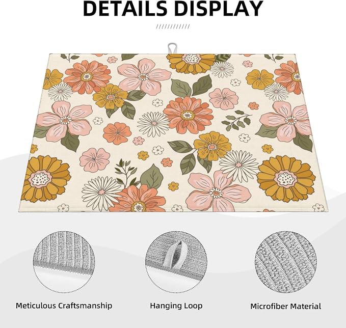 Pink Flowers Dish Drying Mat For Kitchen Counter, Super Absorbent Microfiber - Image 3