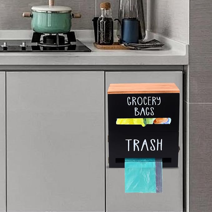 2 in 1 Trash Bag Holder with Grocery Bag Holder, Wooden Trash Bag Dispenser - Image 4