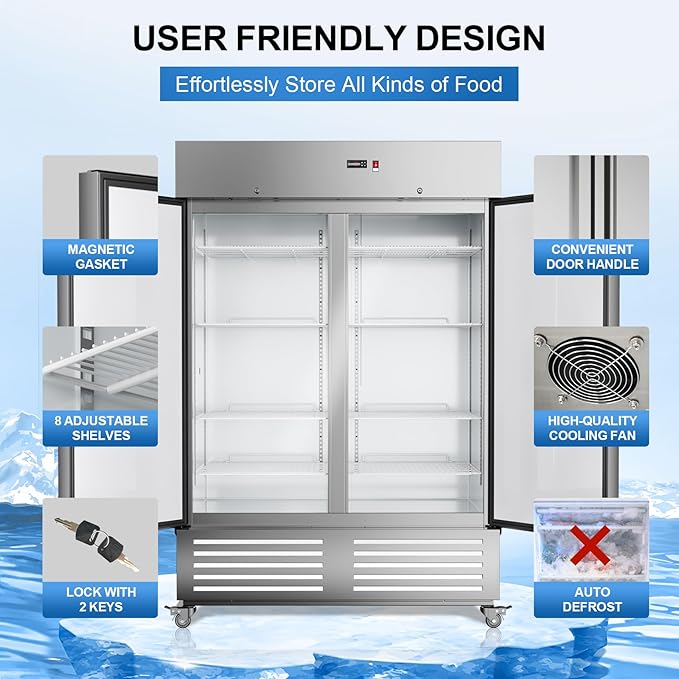 54"W 2 Door Commercial Freezer Stainless Steel 49 Cu.ft Freezers for Restaurant, Bar, Shop etc