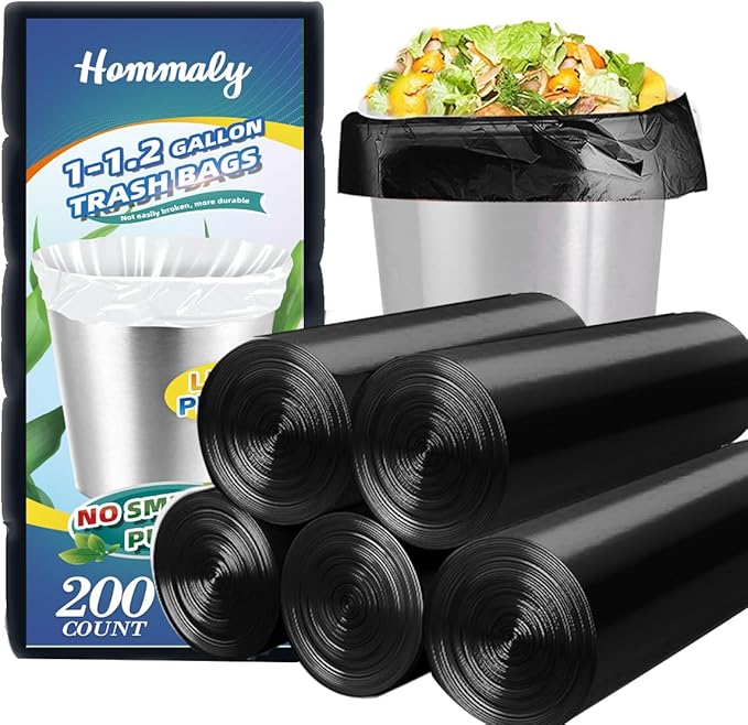 Hommaly 1 Gallon200 pcs Small Black Trash Bags, Strong 1.2 Gallon Garbage Bags by HOMMALY