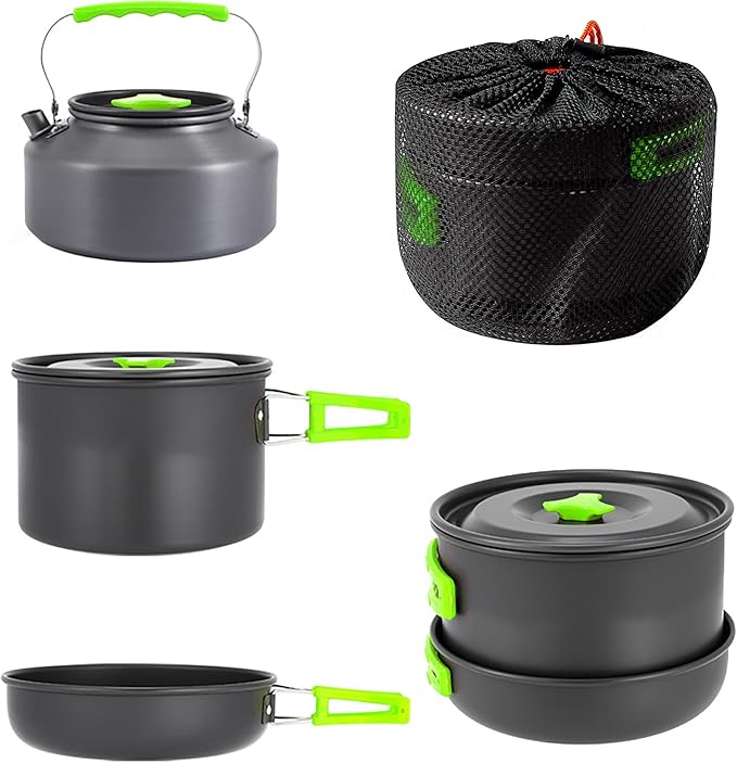 aiGear Camping Cooking Set Cookware Mess Kit with Storage Bag Pot Pan and Teapot Set Camping Accessories for Outdoor Camping Hiking Picnic Portable and Lightweight Aluminum Color Green,Black,Orange