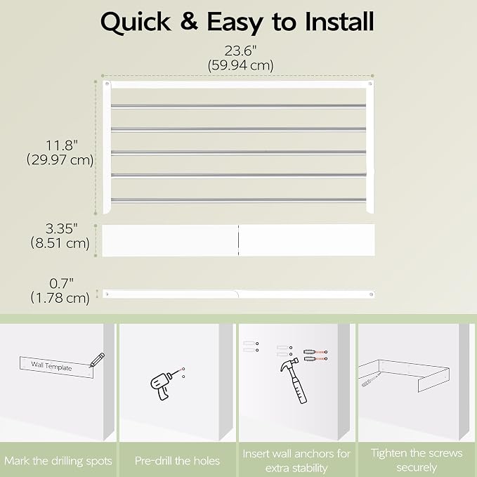 Vikaqi Wall Mounted Clothes Drying Rack 23.6", Foldable Wall Mount Laundry Rack - Image 3