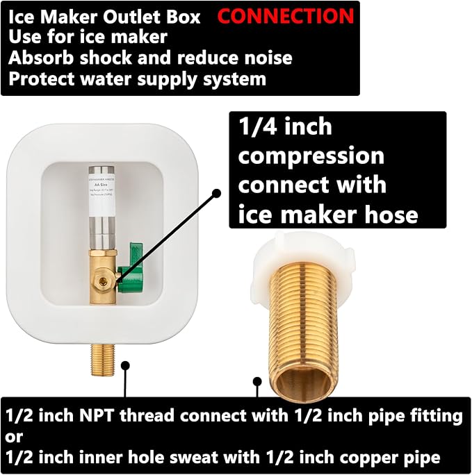 (1 Pack) Lidertik 1/2 inch Sweat Thread Pre-Assembled Ice Maker Outlet Box Valve 1/4 inch Recessed Refrigerator Water Line Wall Box with Shut Off Valve and Stainless Steel Water Hammer Arrestor 611-LK