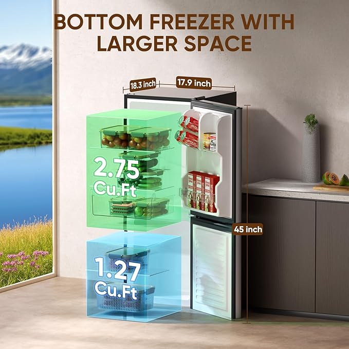 Upstreman 4.0 Cu.Ft Small Refrigerator with Bottom Freezer, Large Capacity Small Fridge with Freezer, Mini Refrigerator for Bedroom, Apartment, Kitchen, BM40 (Silver)