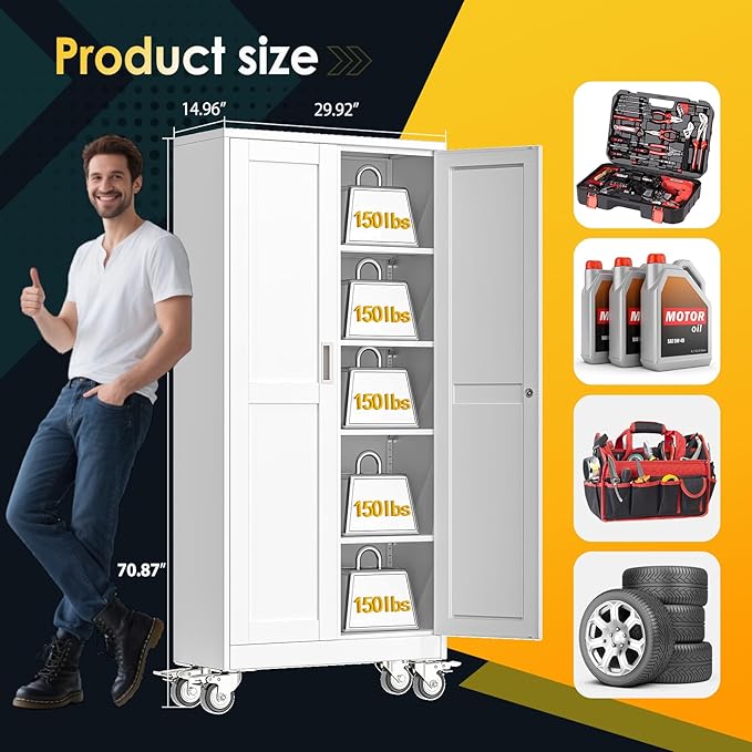 71''H Tall Metal Garage Storage Cabinet with Wheels,Steel File Cabinets with 2 Doors and 4 Adjustable Shelves for Home Office, Warehouse, Required Assembly,White