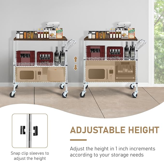Rolling Kitchen Carts on Wheels With Storage,650Lbs Heavy Duty Metal Cart with Wheels,3 Tier Rolling Cart with Wooden Top,NSF Utility Cart with Handle for Food Cart Serving Carts,30.3"L*31.9"H*18.1"W