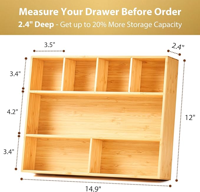 Large Bamboo Desk Drawer Organizer, Wood Office Junk Tray - Image 4