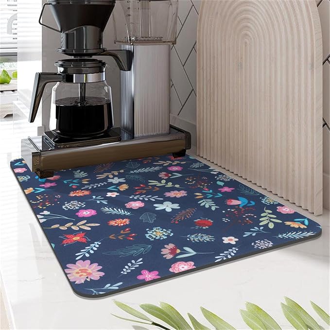 LOKHOM 12"x20" Dish Drying Mat，Colorful Floral Coffee Mat Blue | Colorful - Image 7