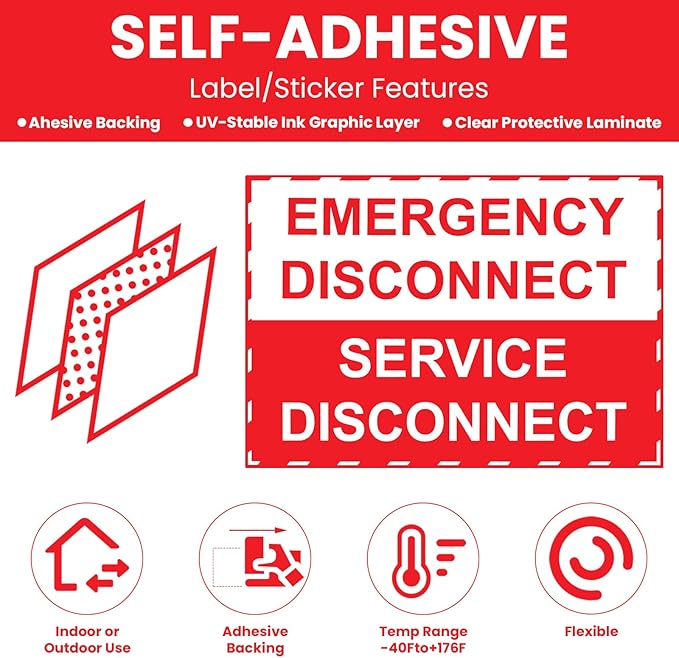 LEIFIDE 50 Pack NEC Compliant Emergency Disconnect Sticker 5"x 3.5" Emergency Disconnect Service Warning Sticker Shut Off Sign Uv-Resistant Electric Panel Labels Vinyl Waterproof for Indoor Outdoor