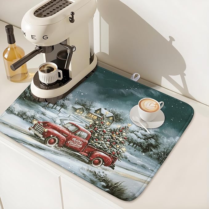 Merry Christmas Decorations Dish Drying Mat 16x18 Inch | Red Truck Xmas Tree - Image 7