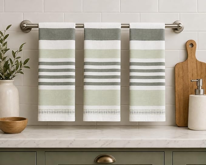Serafina Home Green White Kitchen Hand Dish Towels: Oversized 28" x 16" - Image 2