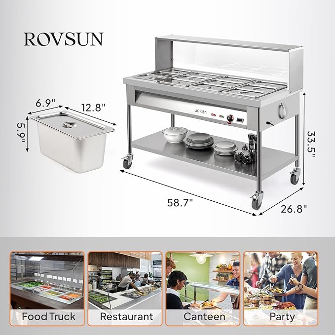 ROVSUN 96QT 1500W Electric Commercial Food Warmer, 12-Pan Steam Table 8QT/Pan Stainless Steel Bain Marie w/Acrylic Shield Overshelf Undershelf Temperature Control & Lid for Buffet Restaurant 110V