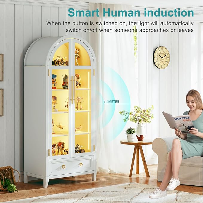 Lvifur 73" Tall Arched Display Cabinet with Glass Doors,4-Tier Curio Cabinets with 3 Color Lights for Collectibles,LED Storage Cabinet with Human Body Sensor,Ajustable Shelf for Toys, Books,White