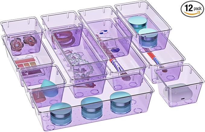 12 Pack Clear Drawer Organizer Set, Drawer Storage Trays, Storage Bins | by WOWBOX