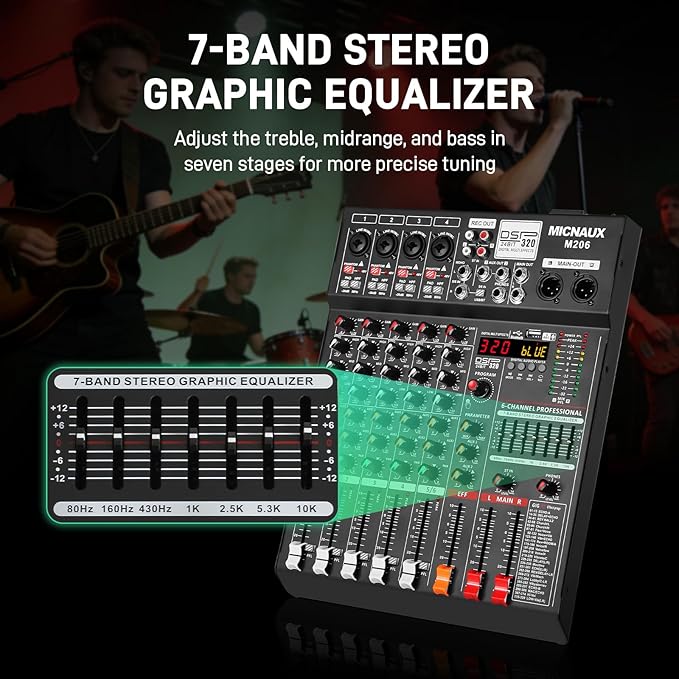 Audio Mixer 6 Channel Professional Sound Console Music Mixer with 320 DSP Effects, 7-band EQ DJ Mixing Board w/USB, Bluetooth, 48V Power Supply, PAD Button for Recording Karaoke PA Drum Live