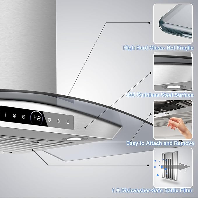 36 inch Range Hood Wall Mount, 1200 CFM with 4-Speed Gesture Sensing & Touch Control, Stainless Steel Ducted Kitchen Stove Vent Hoods with 2 LED Lights, Time Setting, Dishwasher-Safe Baffle Filters