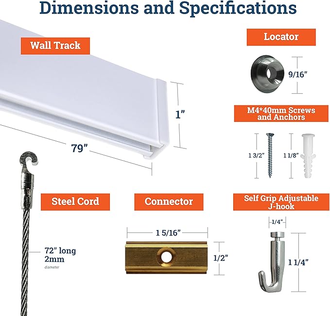 PHS Professional Picture Rail Hanging System | 79-Inch Gallery Rail with TR100 Track, Steel Cords & Hooks | Art Hanging System for Home & Office - 3 Pack