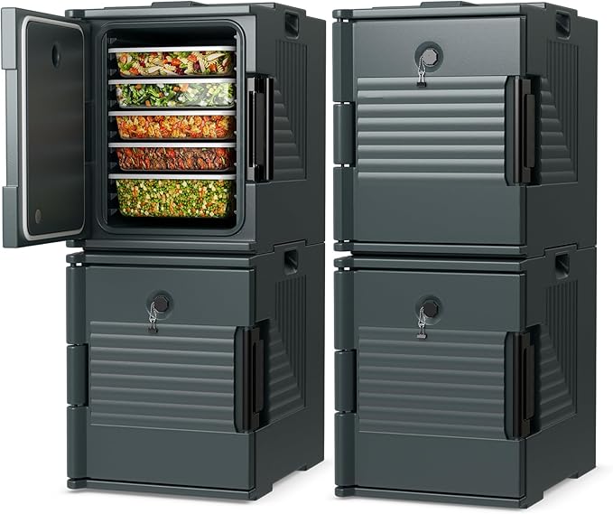 COSTWAY Insulated Food Pan Carrier, 95 Qt Hot Box Catering for 6 Full-Size Pan, Stackable Design, Fastener, Portable Front-Loading Food Warmer for Family Gathering, Buffets, Restaurant, Grey (4)