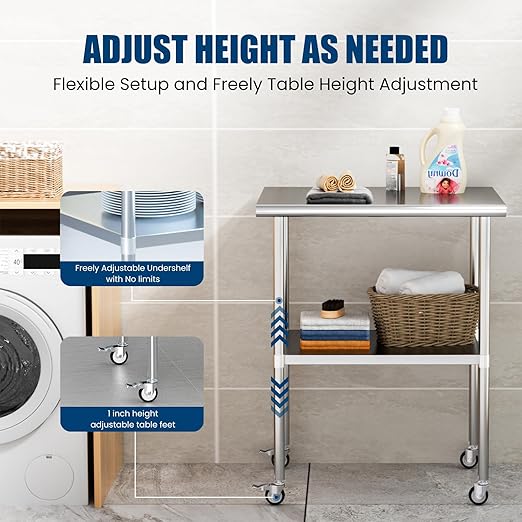 Stainless Steel Table with Wheels 14 x 30 Inches Metal Prep Table with Adjustable Undershelf & Casters for Commercial Kitchen, Outdoor, Restaurant, Hotel & Garage