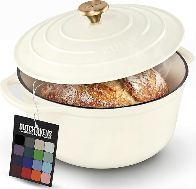 Zulay Kitchen 5 Quart Enameled Cast Iron Dutch Oven Pot with Lid – Premium Durability & Oven Safe up to 500°F – Heavy Duty Cookware Perfect for Bread Baking, Stews, Braising & Roasting – Ivory