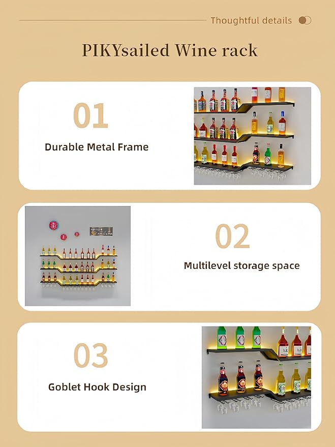 31.5" Wall Mounted LED Wine Rack, 3-Tier Floating Bar Shelves, Large Liquor Shelf with Wine Glass Rack, Large Bar Rack Wall Mounted for Liquor Bottles, Home Bar, Dining Room or Cafe, Black