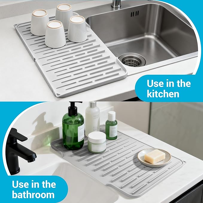 Silicone Dish Drying Mat for Kitchen Counter, Foldable & Heat Resistant Drying Pad with 5° Slope & Wide Drain, 15x12 Inch Non-slip Sink Mat for Bathroom and Countertop.(Light Grey）