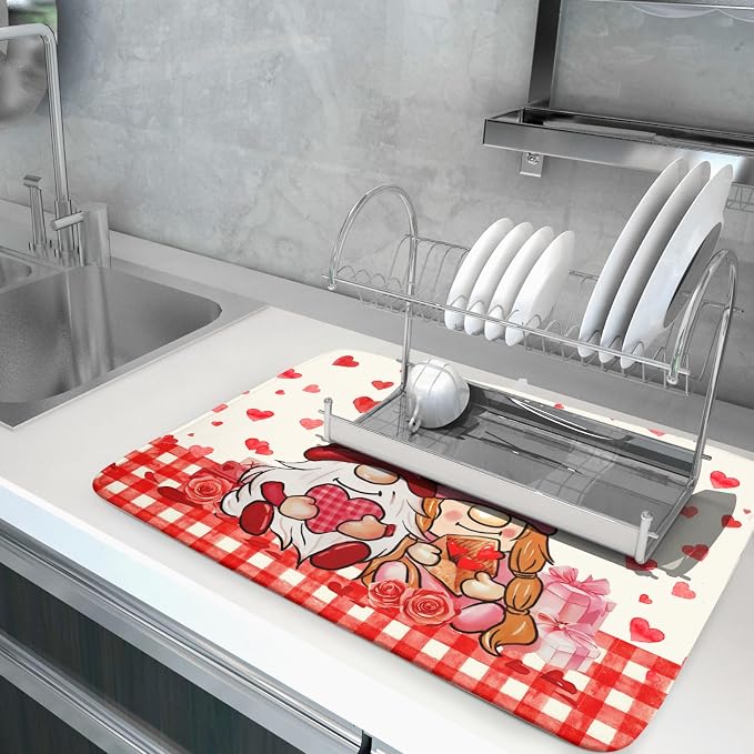 Love Gnome Dish Drying Mat 18"x24" Red Heart Microfiber Dish Drainer Rack Mat - Image 5