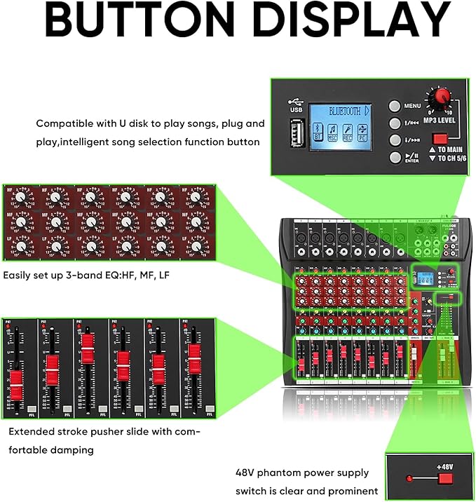 Audio Mixer 8 Channel, CT-80S Professional Sound System Mixer Board DJ Mixing Console with Reverb MP3 Player Bluetooth 48V Phantom Power Supply USB Recording for Studio Karaoke Live Music