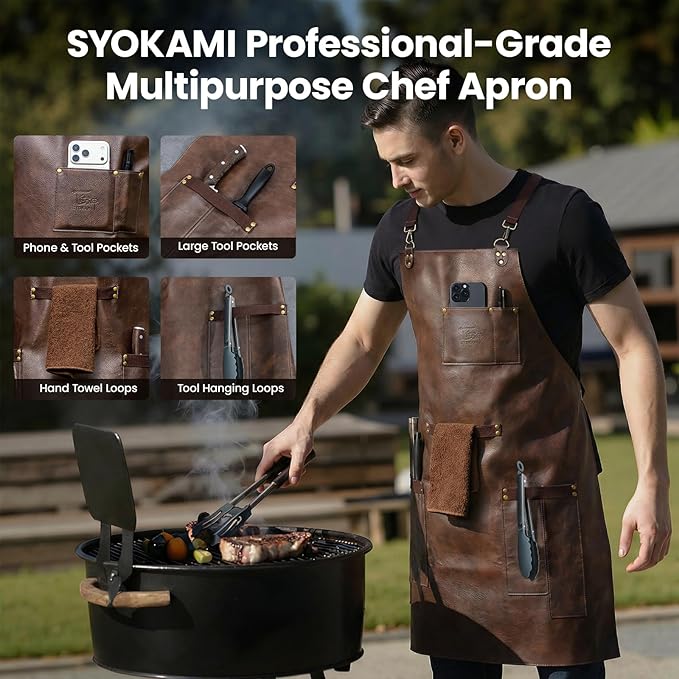 Leather Chef Cooking Apron for Men, Cross Back Apron for All-Day Comfort, Waterproof Apron with Multiple Pockets, Great for Kitchen, Baking, BBQ, Butcher Work or Crafts, Ideal Gift