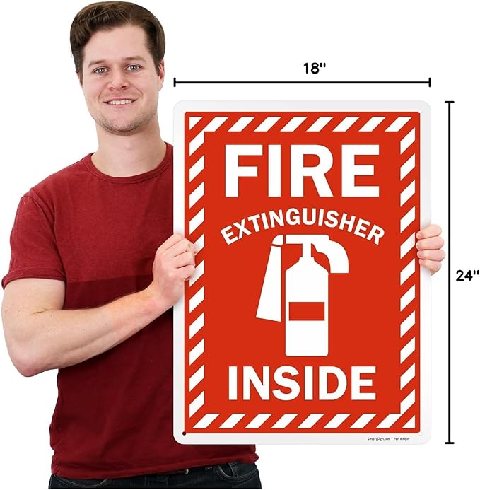 SmartSign 24 x 18 inch “Fire Extinguisher Inside” Sign with Pre-cleared Holes, Digitally Printed, 55 mil HDPE Plastic, Red and white, Made in USA