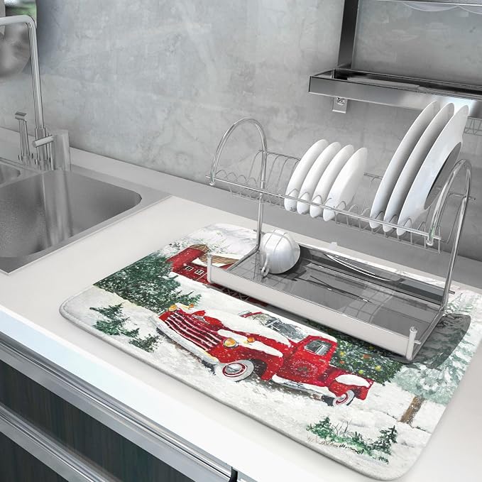 Winter Red Truck Dish Drying Mat Christmas Tree Dishes Pad 18x24 Inch Dish - Image 5