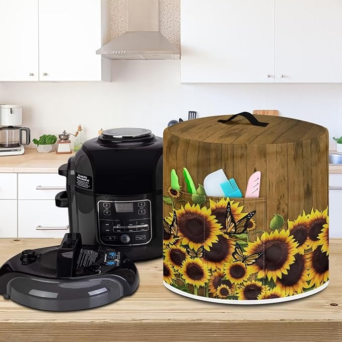 Flashideas Sunflower Butterfly Pressure Cooker Cover for 8 Quart Instant Pot and Air Fryer Accessories, Stain Resistant Washable Round Protective Cover Electric Appliance Cover with Front Pocket