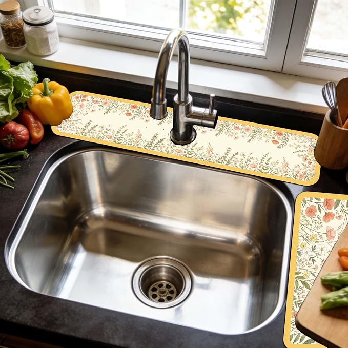 3 Pcs 2 Size Kitchen Sink Splash Guard Faucet Mat Watercolor Floral Frame - Image 6