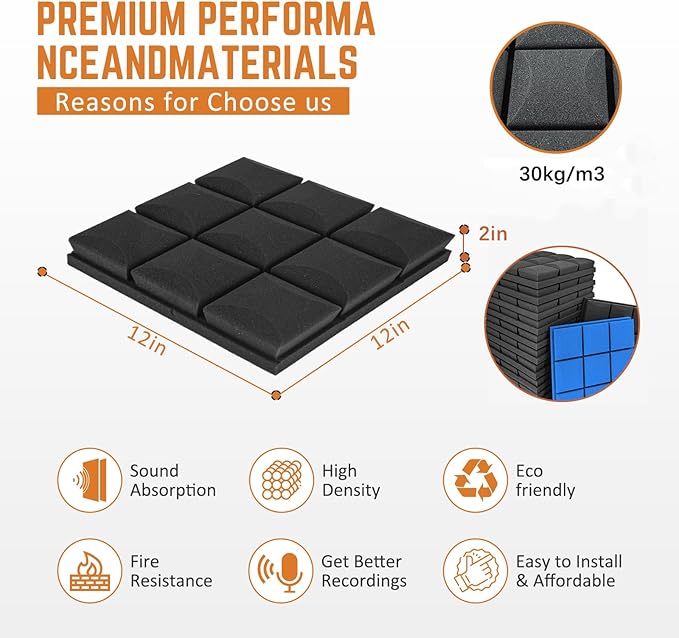 Sound Proof Foam Panels For Walls, High-Density sound proof panels for walls, Acoustic panels sound absorbing for Noise Absorbing Canceling (24 Pack Mushroom, 2x12x12 Inches)
