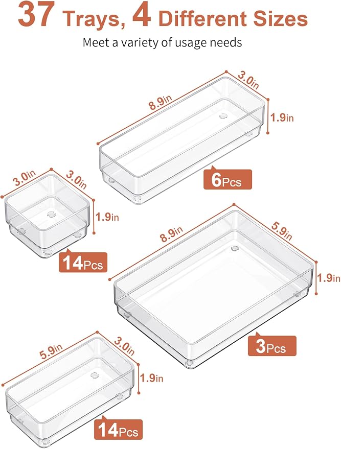 SMARTAKE 37 PCS Drawer Organizer 4 Size Desk Makeup Drawer Organizer Clear | - Image 2