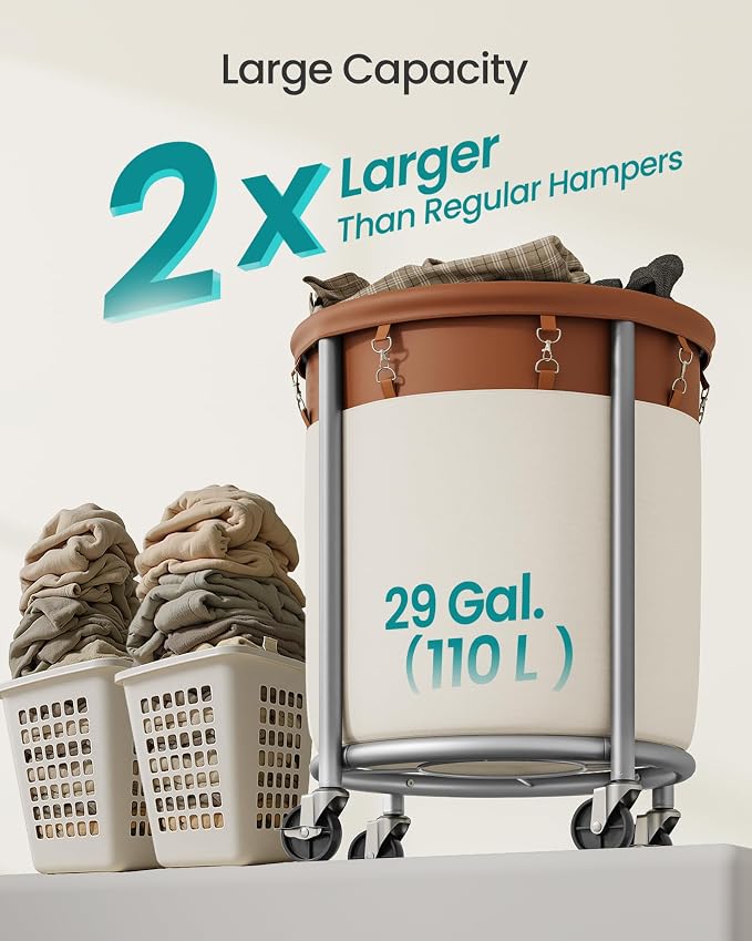 SONGMICS Laundry Basket with Wheels, 29 Gal., Steel Frame, Removable Bag - Image 3