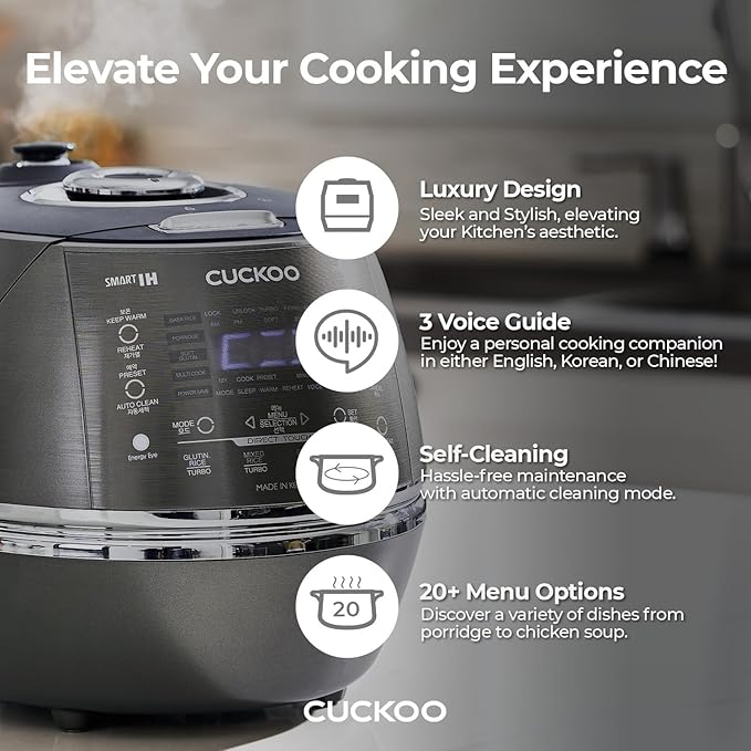 CUCKOO High Pressure Rice Cooker 6-Cup Uncooked / 12-Cup Cooked with Induction Heating Technology, Versatile Rice Maker with 21 Menu Options and Steam Plate, Voice Guide, Dark Gray (CRP-DHSR0609FD)