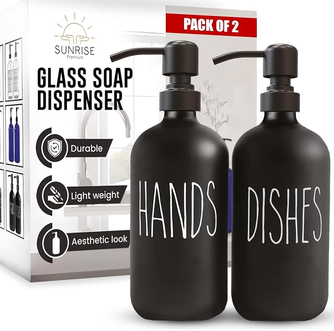 Sunrise Premium Black Glass Soap Dispenser, Matte Black Pump, 16 oz | Black by SunrisePremium