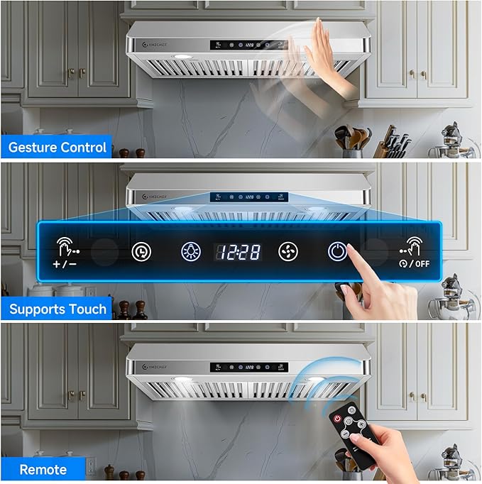AMZCHEF 30" Under Cabinet Range Hood with Dual Fans System-1050CFM Ultra-Powerful Ventilation,3 Speed Stainless Steel Kitchen Hood with Touch/Remote/Gesture Control, Timer & LED Lights, Baffle Filters
