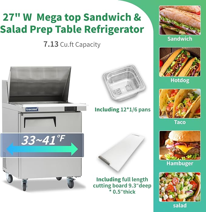 ICECASA 27" W Commercial Refrigerator Sandwich&Salad Prep Table Mega Top single Door Stainless Steel Counter Fan Cooling Refrigerator with 12 pans-27 Inches for Restaurant, Bar, Shop, etc