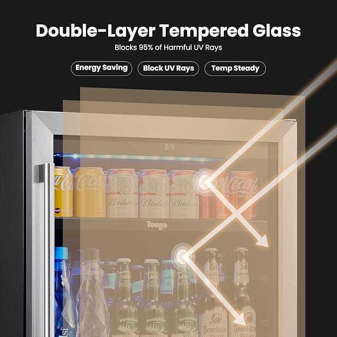 Yeego Beverage Refrigerator Cooler - 24 inch 180 Cans Mini Fridge with Glass Door, 34-54 ℉ Under Counter Refrigerator Built-in for Wine Beer Soda for Bar Bedroom Office