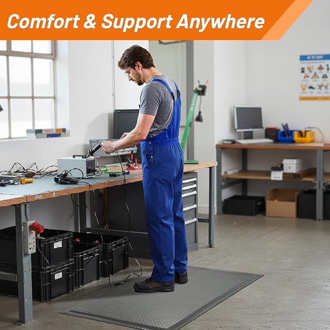 Nisorpa Anti Fatigue Mats Industrial 2' x 5' Ergonomic Standing Mat 15/16" Extra Thick Cushioned Shop Floor Mats Heavy Duty Commercial Diamond Plate - Safety Support for Leg & Back Pain, Grey