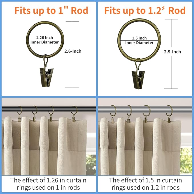 Curtain Rings with Clips, 44 Pack Metal Drapery Rings with Clips Hooks Hangers - Image 3